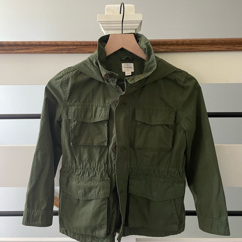 Crewcuts size 8 Olive green utility jacket. Hood, drawstring waist.